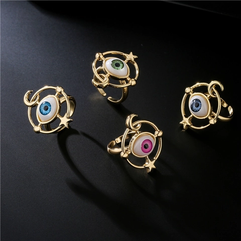 Evil Eye Ring Goldton Kupfer Celestial Mond Stern Verstellbare Offene Band Schmuck Für Frauen