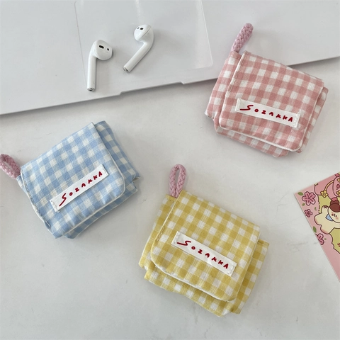 Mini Custodia Protettiva per Auricolari in Tessuto a Scacchi Portatile Con Chiusura a Velcro per Auricolari Bluetooth Wireless