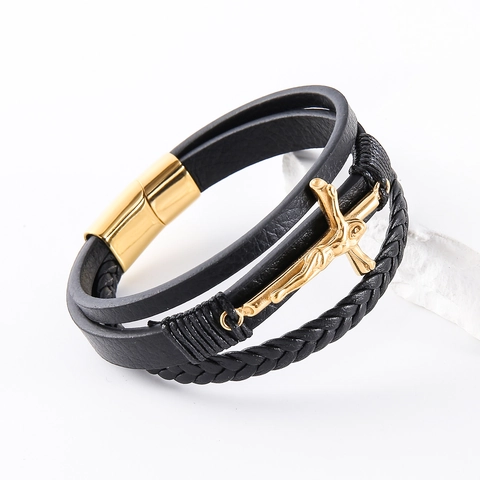 Men Multi-layer Woven Leather Bracelet With Gold 304 Stainless Steel Cross Religious Fashion Jewelry Magnetic Clasp