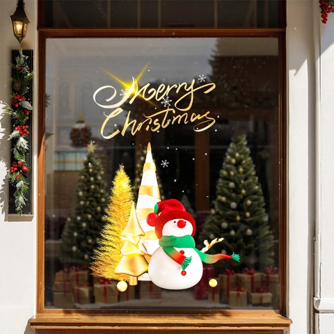 Christmas Window Stickers PVC Static Cling Glue Free Double Sided Snowman Golden Tree Shop Glass Door Festive Home Decor