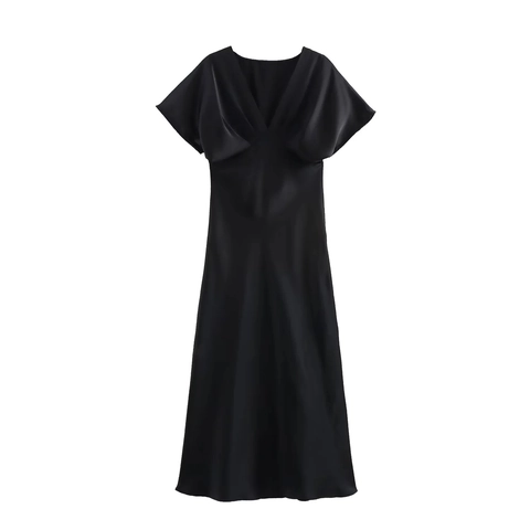 Elegant V Neck Satin Midi Dress Short Flutter Sleeve High Waist Solid Color Sleek Formal Party For Women