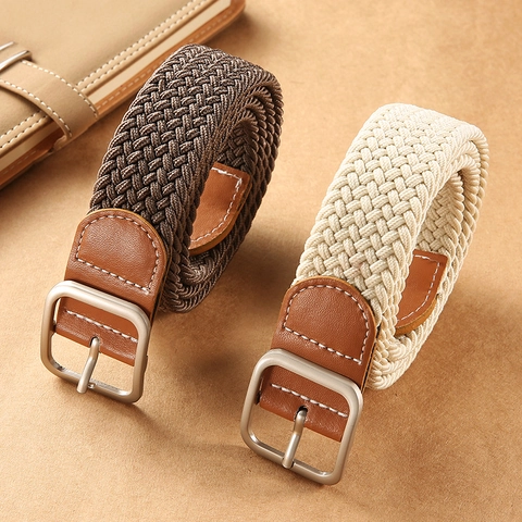 Woven Elastic Belt With Alloy Pin Buckle And Leather Ends Hole Free Adjustable Stretch Canvas Casual Waistband Unisex