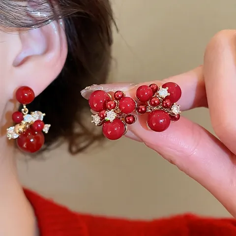 Retro Red Faux Artificial Pearl Cluster Stud Earrings With Silver Earring Post Zircon Gold Plated Festive Jewelry For Women