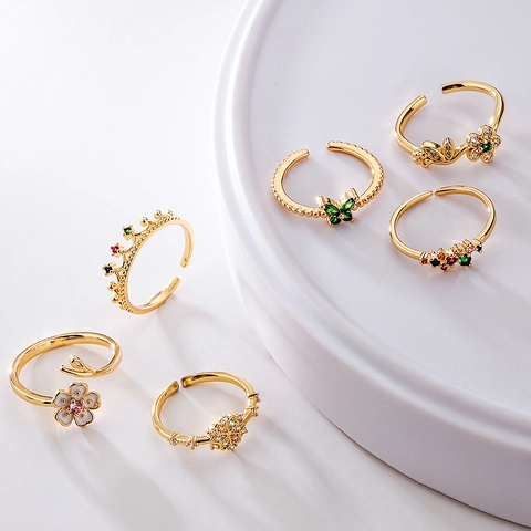 Adjustable Copper Rings For Women Gold Plated Cubic Zirconia Flower Geometric Crown Fashion Jewelry