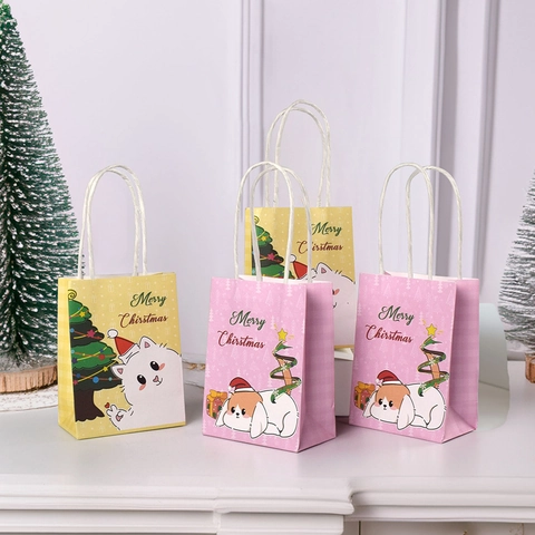 Christmas Gift Paper Bags Small Cartoon Cat Dog Kraft Holiday Party Favor Packaging With Handles