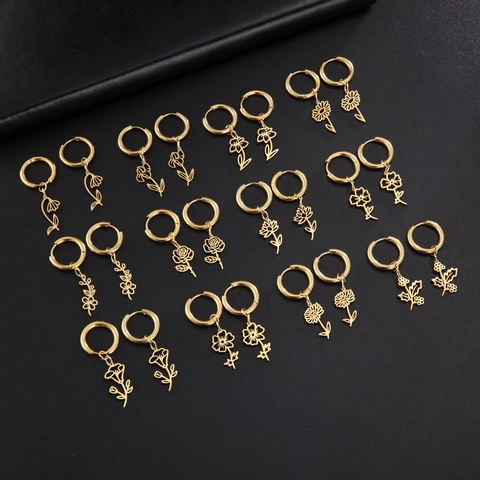 Birth Flower Hoop Earrings 304 Stainless Steel Hollow Floral Pendant Jewelry For Women Simple Fresh Style