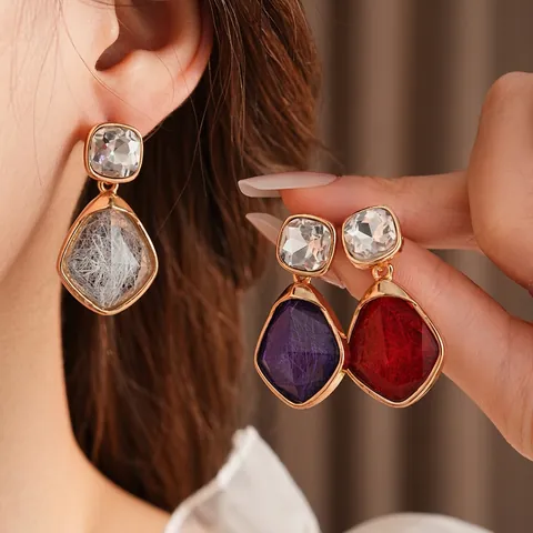 Pendientes Colgantes Geométricos Vintage Para Mujer Piedra De Resina De Lujo Con Silver Earring Post