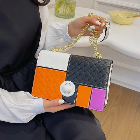 Bolso De Hombro De Cuero PU Mujer Bloque De Color Acolchado Rombo Correa Cadena De Metal Cruzado Cuadrado Diario