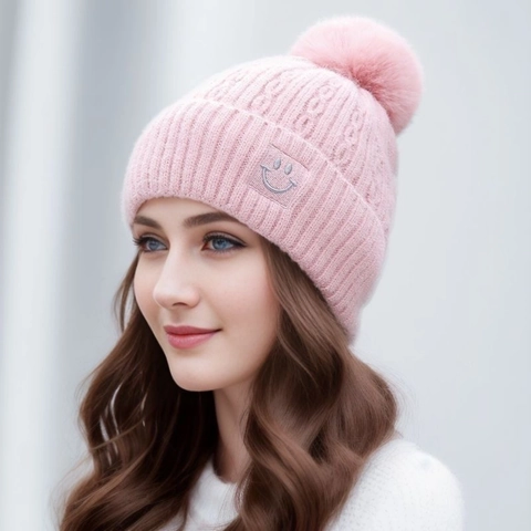 Women Winter Knit Beanie Hat And Neck Warmer With Pompom Fleece Lined Warm Thick Crochet Smile Patch Geometric Pattern Outdoor