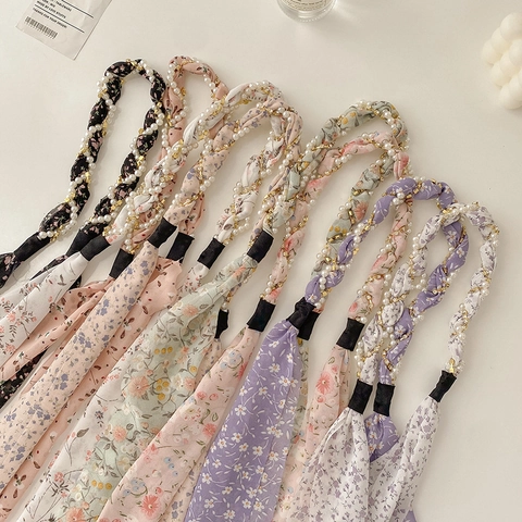 Cerchietto Dolce In Chiffon Floreale Con Fiocco Künstliche Perle E Catena In Metallo Accessorio Capelli Donna