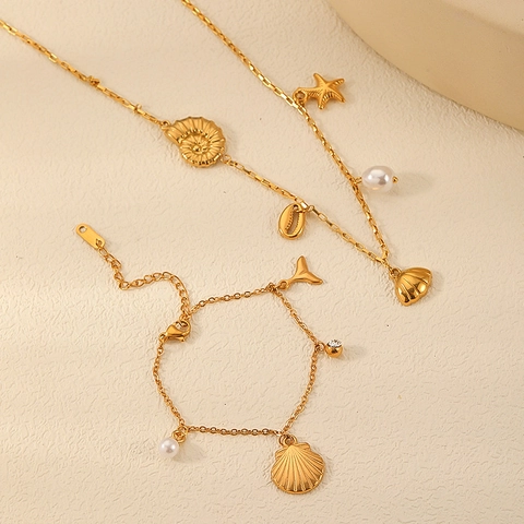 Stainless Steel Ocean Theme Seashell Starfish Fish Tail Pendants Necklace Bracelet Earrings With Imitation Artificial Pearl Gold