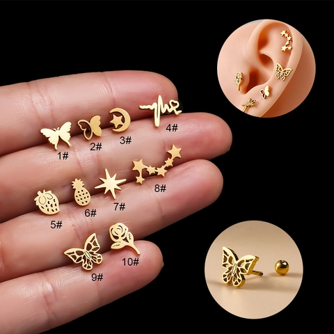 Orecchino Cartilagine Acciaio Inossidabile Farfalla Stella Luna Piercing Vite Gioielli Per Donna Moda