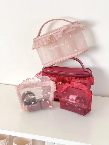 Bolsa De Cosméticos De Malla Volantes Neceser De Maquillaje Bordado Corazón Estrella Transparente Organizador De Viaje Para Niñas