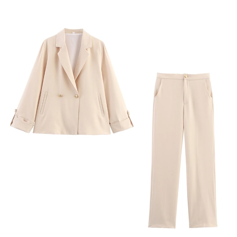 Elegant Office Commute Blazer And Pants Suit Women Solid Apricot Gold Buttons Polyester Notched Lapel