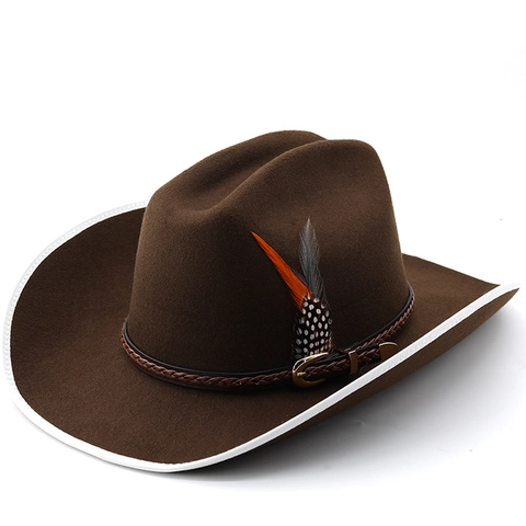 Western Cowboy Hat Polyester Felt Wide Brim With Braided Leather Belt And Feather Decor Vintage Ethnic Style For Unisex