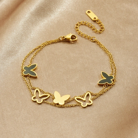 Double Layer Butterfly Charm Bracelet Stainless Steel Gold Plated Hollow Enamel Ins Style Jewelry For Women