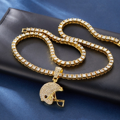 Collier Pendentif Casque De Rugby Strass Alliage Hip Hop Streetwear Chaîne Tennis Hommes Femmes