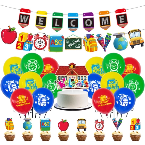 Decorazioni Festa Ritorno A Scuola Banner Welcome Palloncini In Lattice Topper Per Torta In Carta Ornamenti Aula