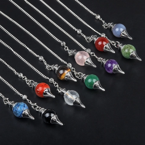 Natural Crystal Gemstone Ball Dowsing Pendulum Pendant For Divination Healing Metal Alloy Chain Pointed Cone Accessory