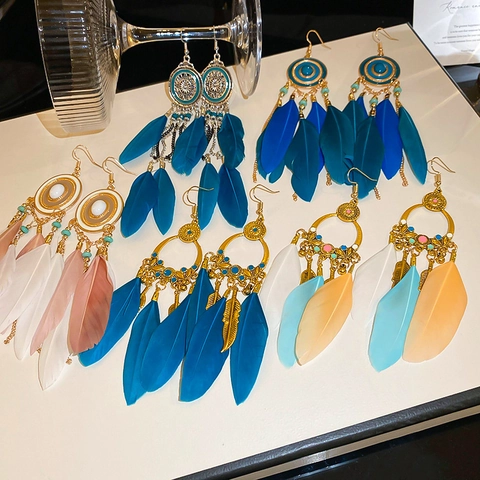 Boucles D'oreilles Bohèmes À Pampilles En Plumes Pour Femmes Vintage Ethnique Alliage Goutte D'huile Géométrique Bijoux En Acier