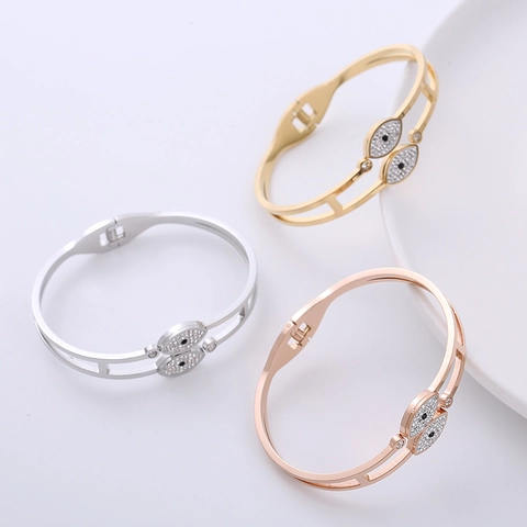 Bracciale Rigido Malocchio Acciaio Inossidabile 304 Doppia Fila Pavé Zirconia Cerniera Per Donne Gioielli Moda