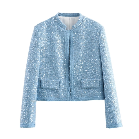 Veste En Tweed À Paillettes Pour Femmes Bleu Clair Manteau Court Manches Longues Élégant Style Célébrité