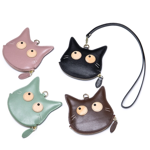 Cute Cartoon Cat Face Coin Purse Made Of Split Leather With Neck Strap Lanyard For Women And Girls Minimalist Style