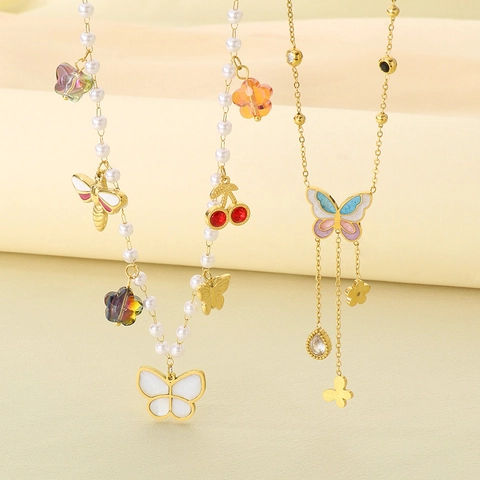 Collana Con Pendente A Farfalla E Nappa Acciaio Inossidabile Smalto Fiore Zircone Perla Artificial Gioielli Donna