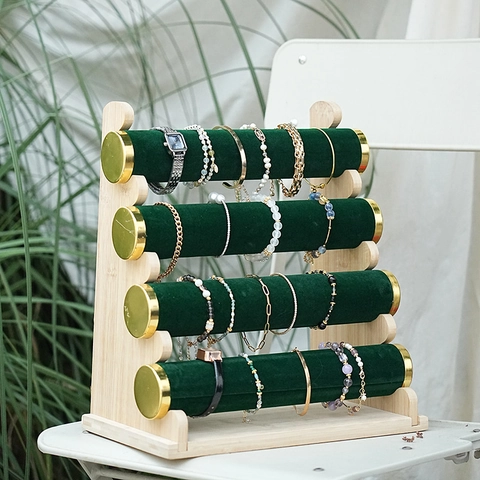 Bamboo Wood Jewelry Display Stand Multi Tier Bracelet Watch Holder Velvet Removable Rolls Desktop Jewelry Rack