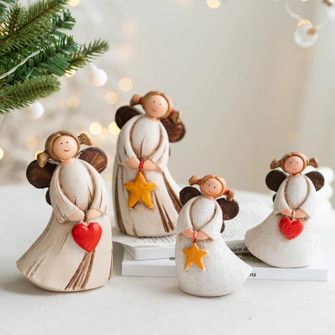 Figurinas De Ángeles Decoración De Escritorio Resina Pintadas A Mano Corazón Estrella Alas Vintage Rústico Adorno Navideño
