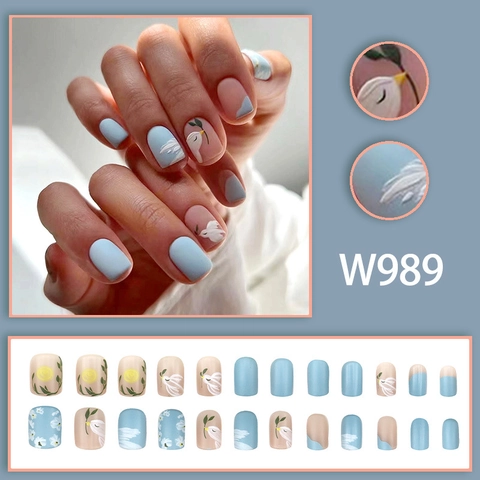 Matte Short Press On Nails Blue Nude Fake Nails Peace Dove Olive Branch Pattern Art For Women