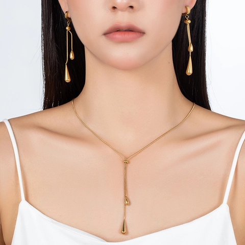 Collana Pendente Goccia D'Acqua E Orecchini Acciaio Inossidabile Placcato Oro Catena Serpente Forma Y Regolabile Donna