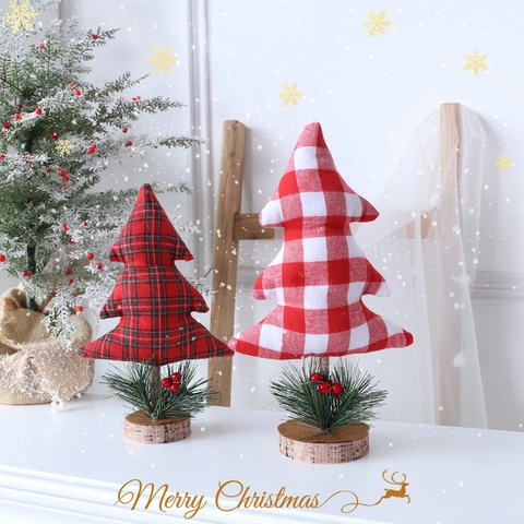 Mini Sapin De Noël Décoration De Bureau Arbre En Tissu Écossais Avec Base En Bois Aiguilles De Pin Baies Décoration Fête
