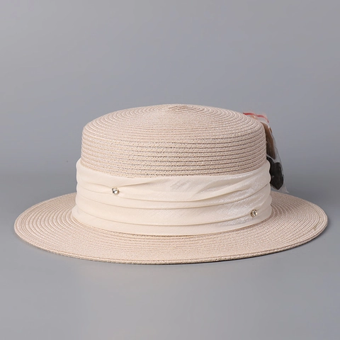 Boater Hoed Voor Dames Geweven Papierstro Zonnehoed Platte Kroon Brede Rand Met Lint Klinknagel Detail Ademend Zomer Strand