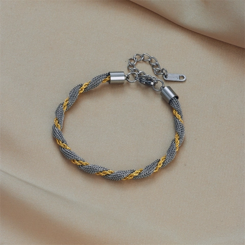 Twisted Rope Bracelet Bicolor Stainless Steel 18K Gold Plated Adjustable Minimalist Fashion Commuter Jewelry For Women Men