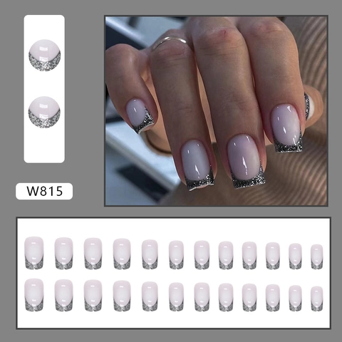 Franse Press On Nagels Zilveren Glitter Tips Nude Roze Vierkante Kunstnagels Draagbare Manicure Voor Dames