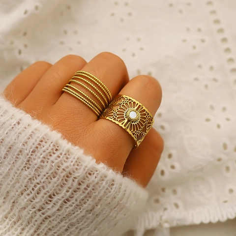 Anelli Aperti Vintage Francesi Acciaio Inossidabile Placcato Oro 18K Cavo Geometrico Malocchio Conchiglia Gioielli Donna