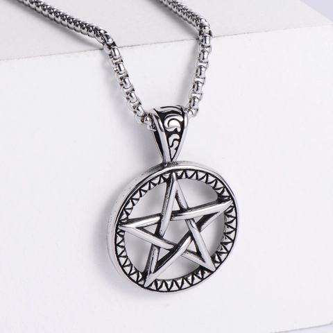 Pentagram Star Round Pendant Necklace Vintage Gothic Punk Style 304 Stainless Steel Jewelry For Men