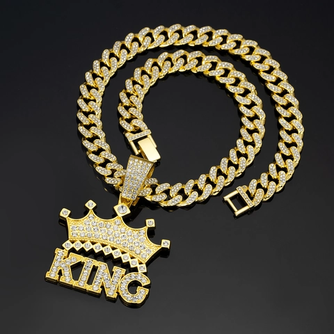 Collar Hip Hop Para Hombre Colgante Letra Corona King Aleación Diamantes De Imitación Cadena Cubana Joyería Regalo
