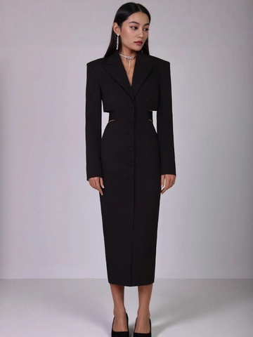 Vestido Midi Elegante Cuello Solapa Manga Larga Cintura Hueca De Una Sola Fila Bodycon Mezcla Poliéster Para Mujer Oficina