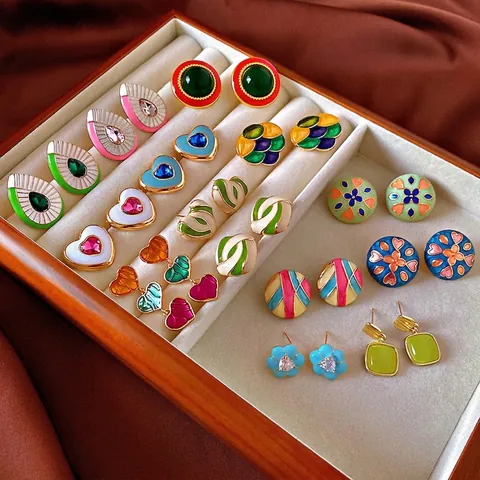 Vintage Heart Flower Enamel Earrings With Silver Earring Post Fashion Rhinestone Alloy Studs For Women