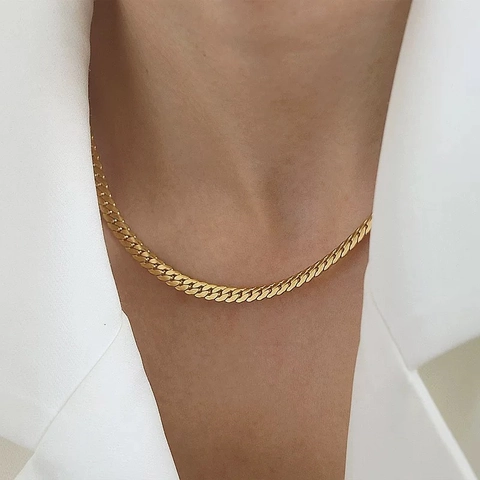 Stainless Steel Curb Chain Necklace Flat Cuban Link Hip Hop Jewelry For Men And Women Polished Gold Silver Color