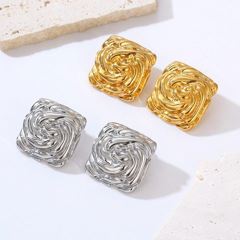 Pendientes De Botón Cuadrados Bañados En Oro De 18K Acero Inoxidable Textura Remolino Patrón Geométrico Minimalista Retro