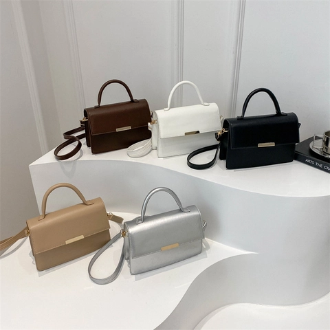 Minimalist Small PU Leather Handbag For Women Elegant Square Flap Crossbody Bag With Top Handle And Gold Tone Decor