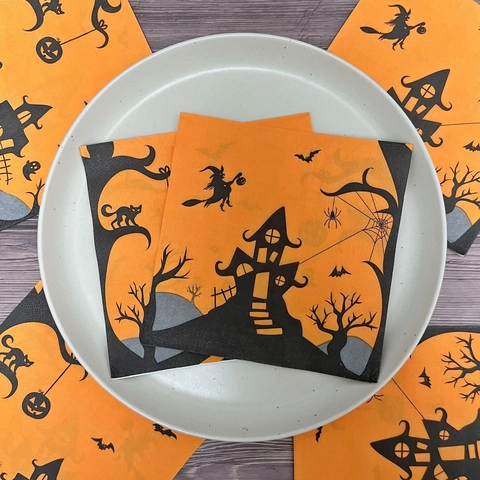 Servilletas Desechables Estampadas Halloween Pulpa De Madera Tema Bruja Castillo Calabaza Calavera Telaraña Decoración Mesa Fiesta