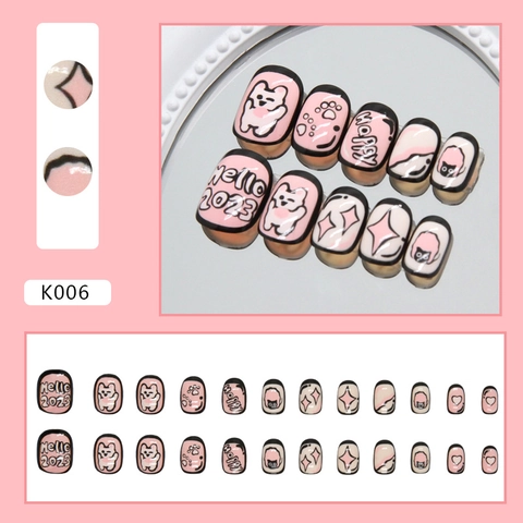 Cute Cartoon Rabbit Bear Press On Nails Pink Y2K Sweet Heart Pattern Glossy Finish Manicure