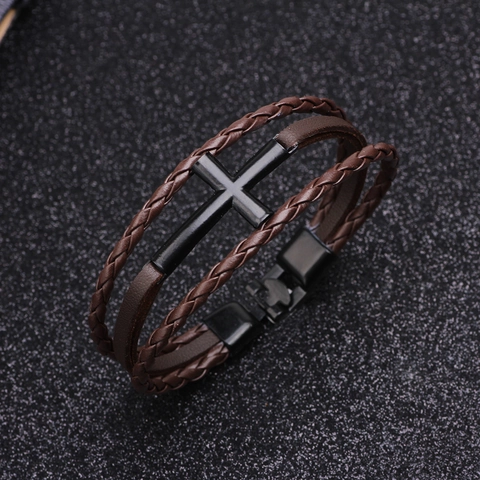 Bracciale Multistrato Pelle Intrecciata Croce Lega Vintage Gioielli Punk Eleganti Accessorio Per Uomo E Donna