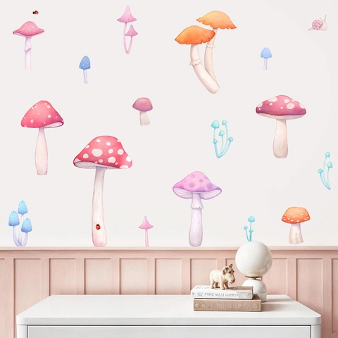 Aquarel Paddenstoel Muurstickers Voor Kinderkamer Slaapkamer PVC Zelfklevende Muurstickers Slak Lieveheersbeestje Home Decor