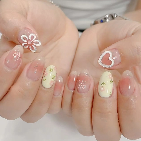 Sweet Pink Gradient Press On Nails Flower Heart Sun Pattern Detachable ABS Plastic Oval Square Round Elegant For Women