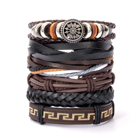 Bracelets En Cuir Tressé Perles En Bois Alliage Multicouches Retro Punk Vintage Bijoux De Poignet Pour Hommes